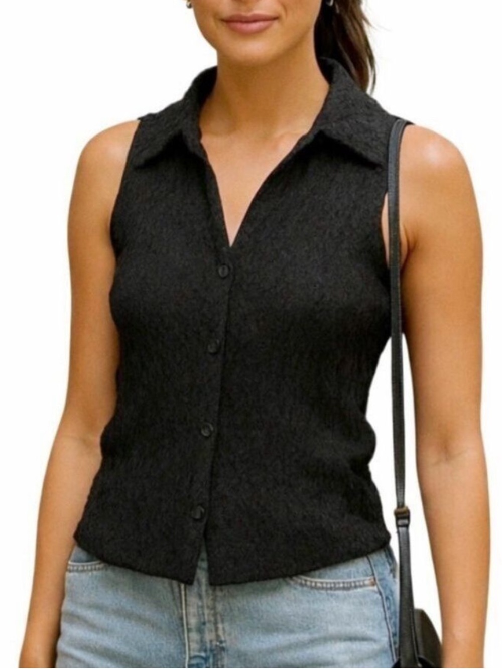 197.Mango Sleeveless Textured Collared Top. Medium